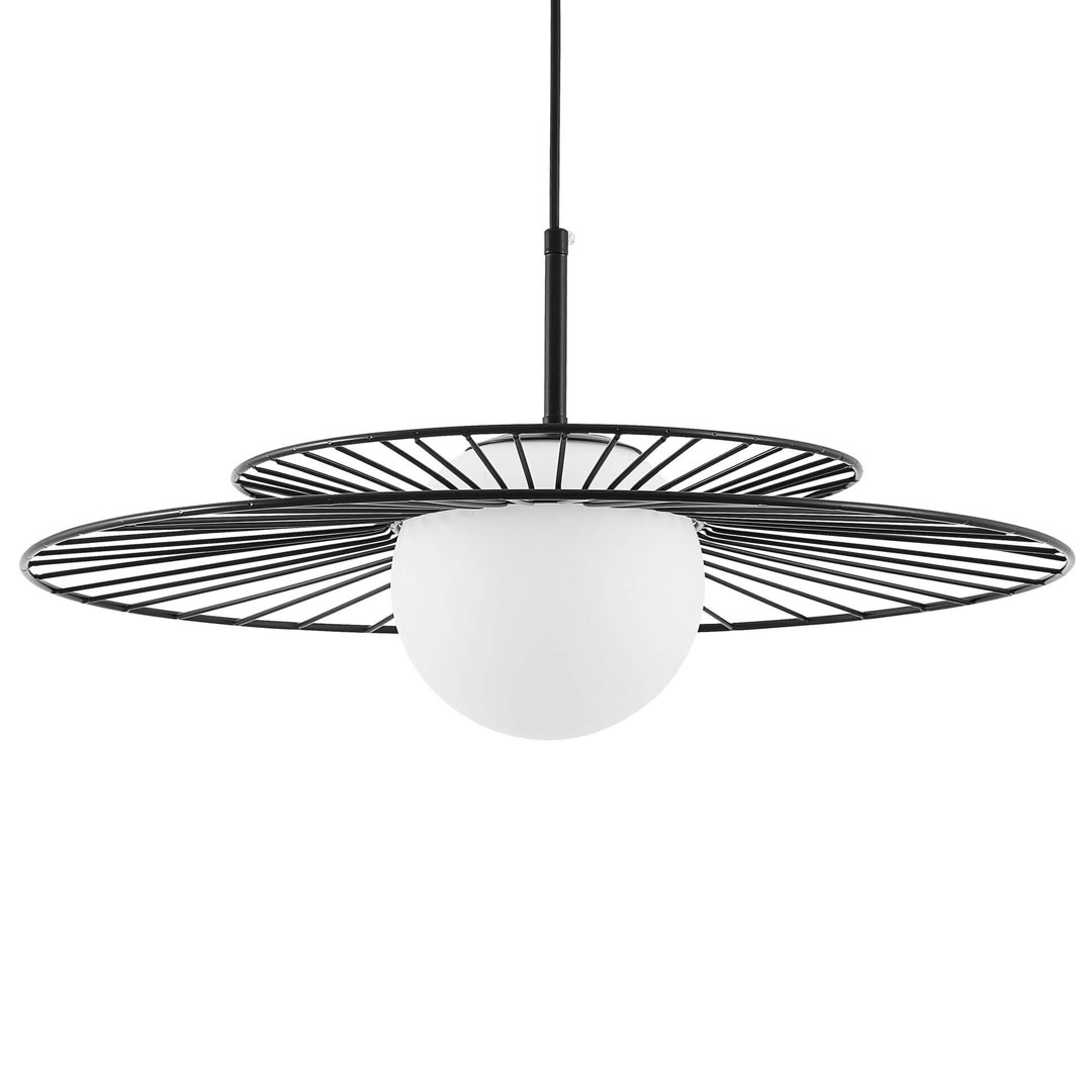 Czarna lampa wisząca, druciana metalowa oprawa, biały szklany klosz kula, loft, designerska - SOLARIS - Lumina Deco zdjęcie 1