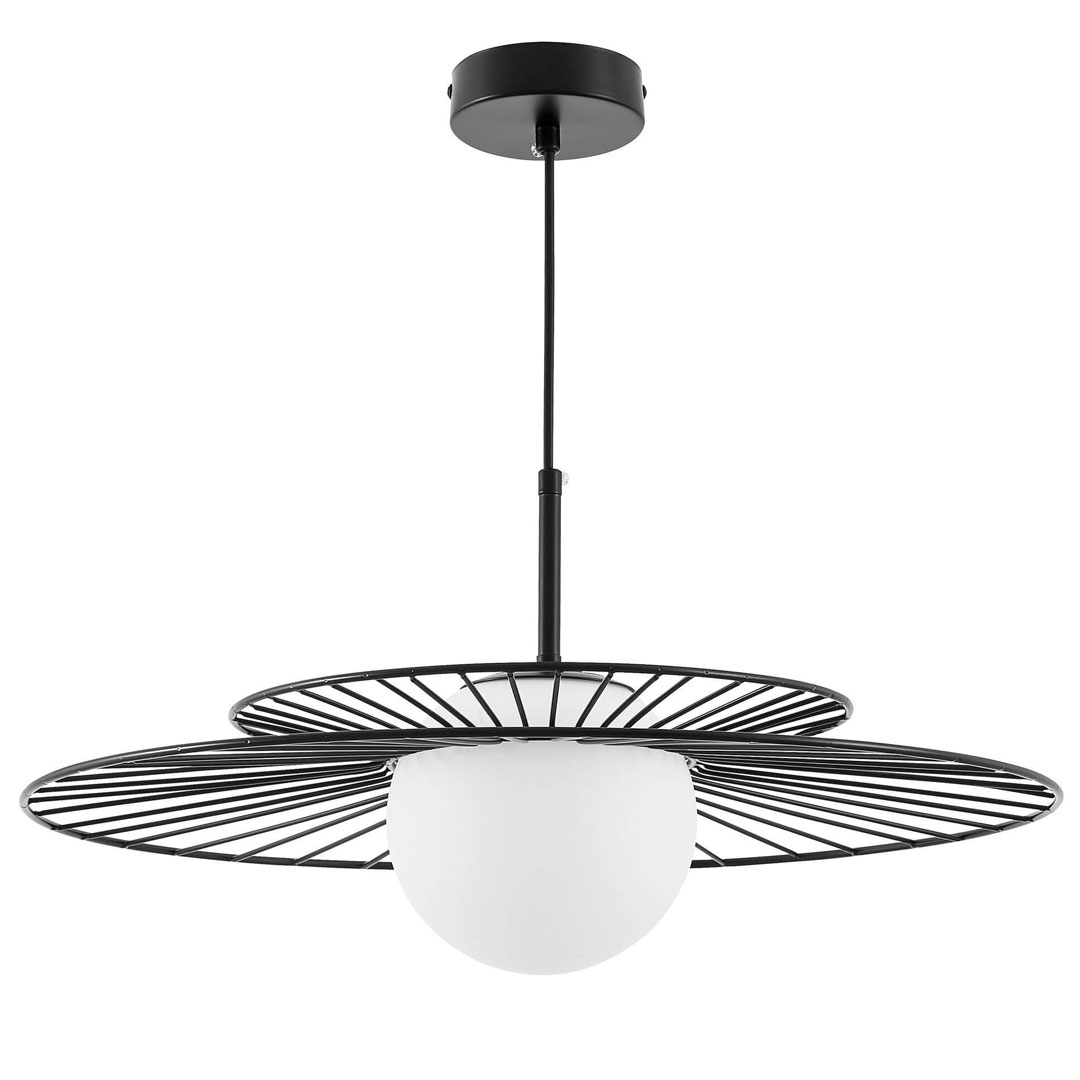 Czarna lampa wisząca, druciana metalowa oprawa, biały szklany klosz kula, loft, designerska - SOLARIS - Lumina Deco zdjęcie 2