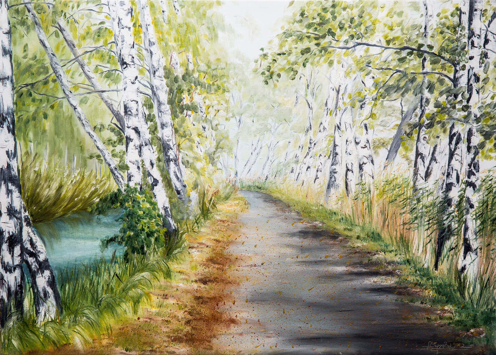 Obraz olejny pejzaż natura przyroda leśna droga alejka brzozy 70x50 cm - Na Skrzydłach Anioła zdjęcie 1