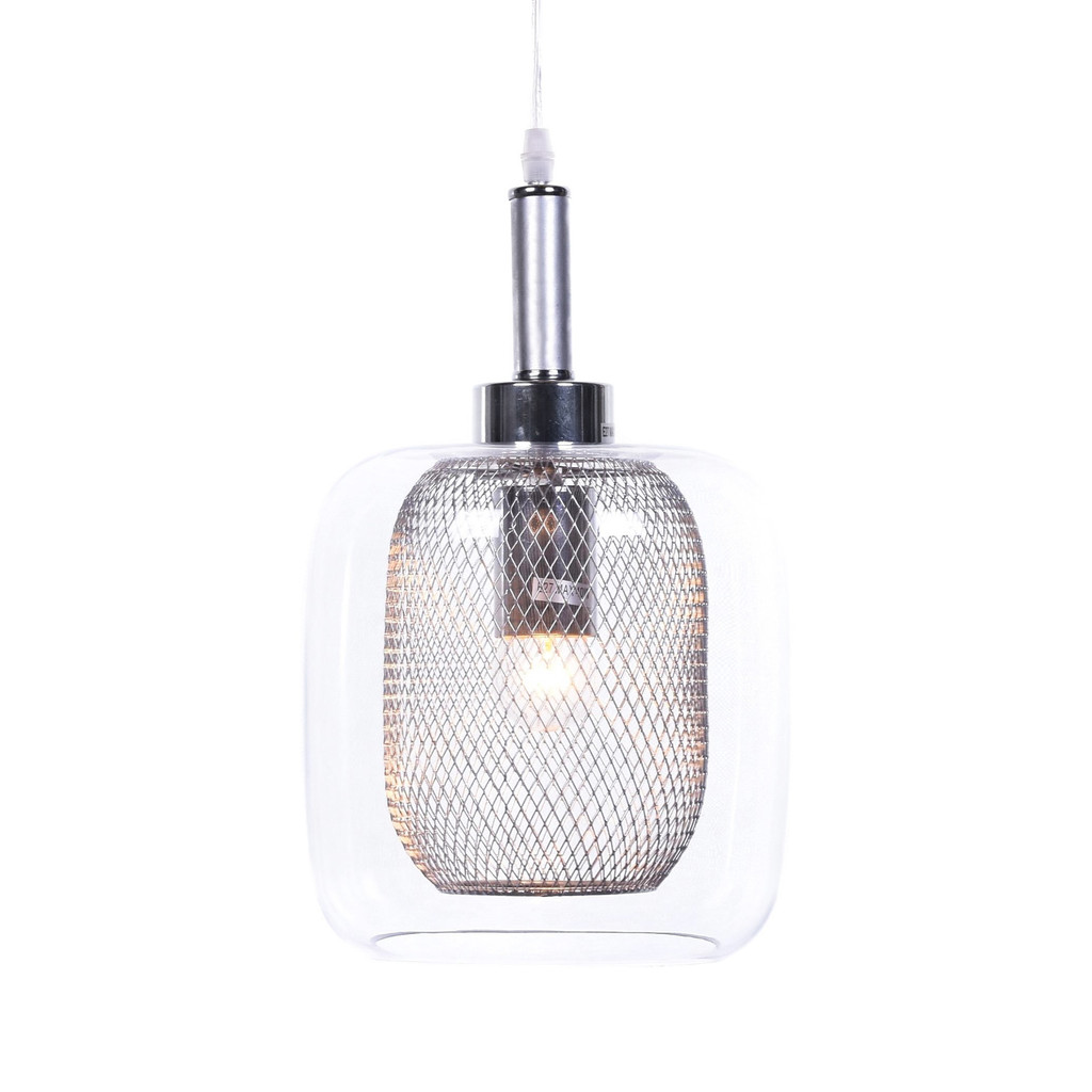 Wisząca lampa industrialna loft BESSA SREBRNA, szklany klosz, metalowa siatka - Lumina Deco zdjęcie 1