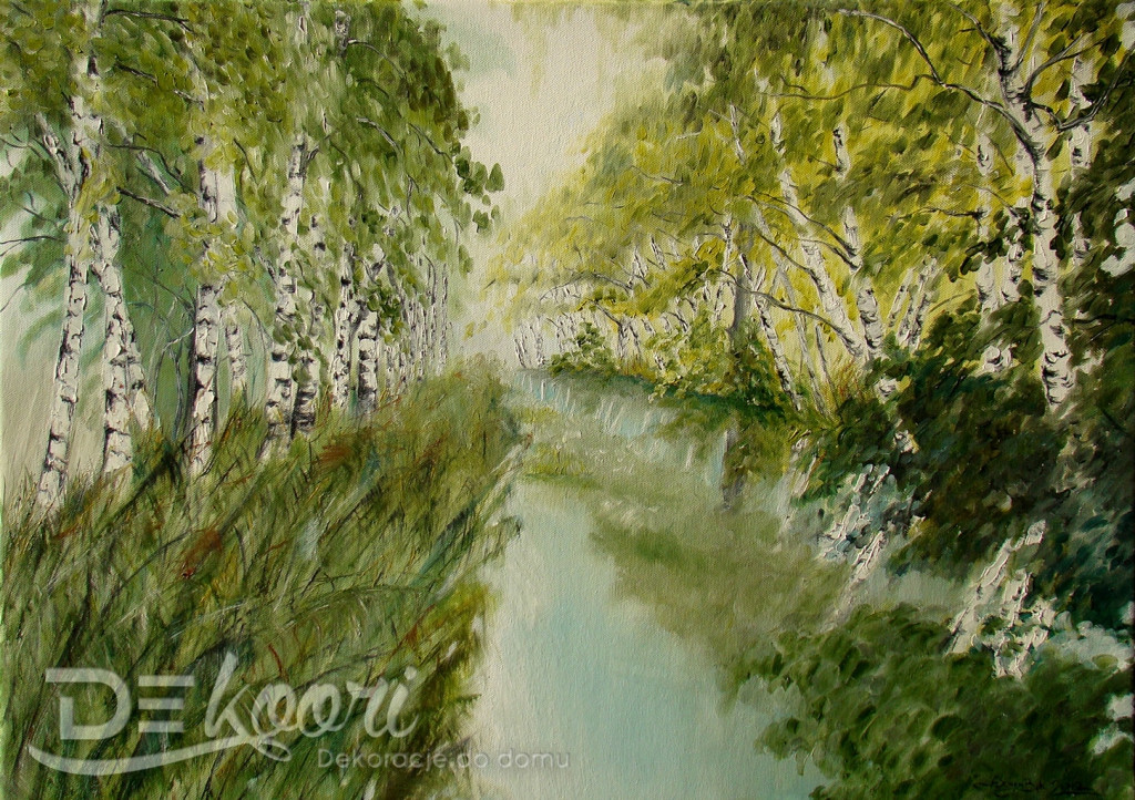 Obraz olejny pejzaż natura przyroda rzeczka brzozy 70x50 cm - Na Skrzydłach Anioła zdjęcie 1