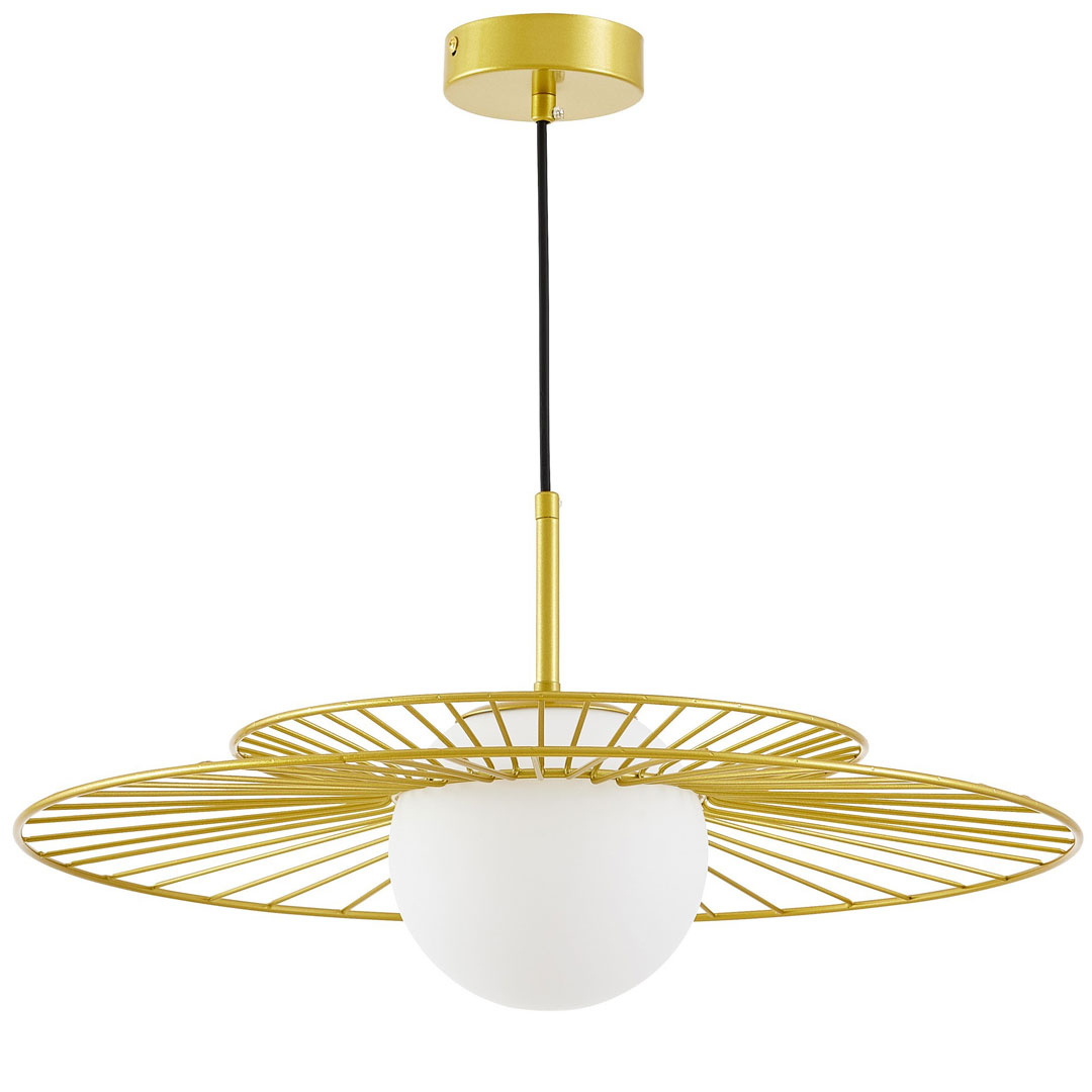 Złota lampa wisząca, druciana metalowa oprawa, biały szklany klosz kula, glamour, art deco - SOLARIS - Lumina Deco zdjęcie 2